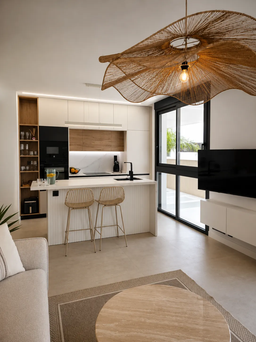 Open kitchen with an island and bar stools under the rattan pendant