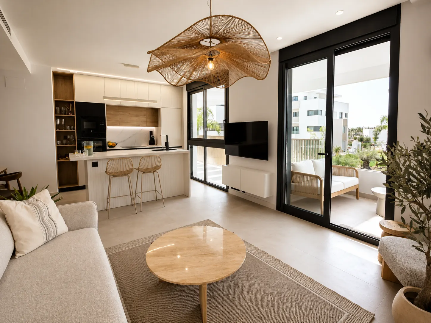 Bright living room with a rattan pendant, open kitchen and glass doors to the terrace